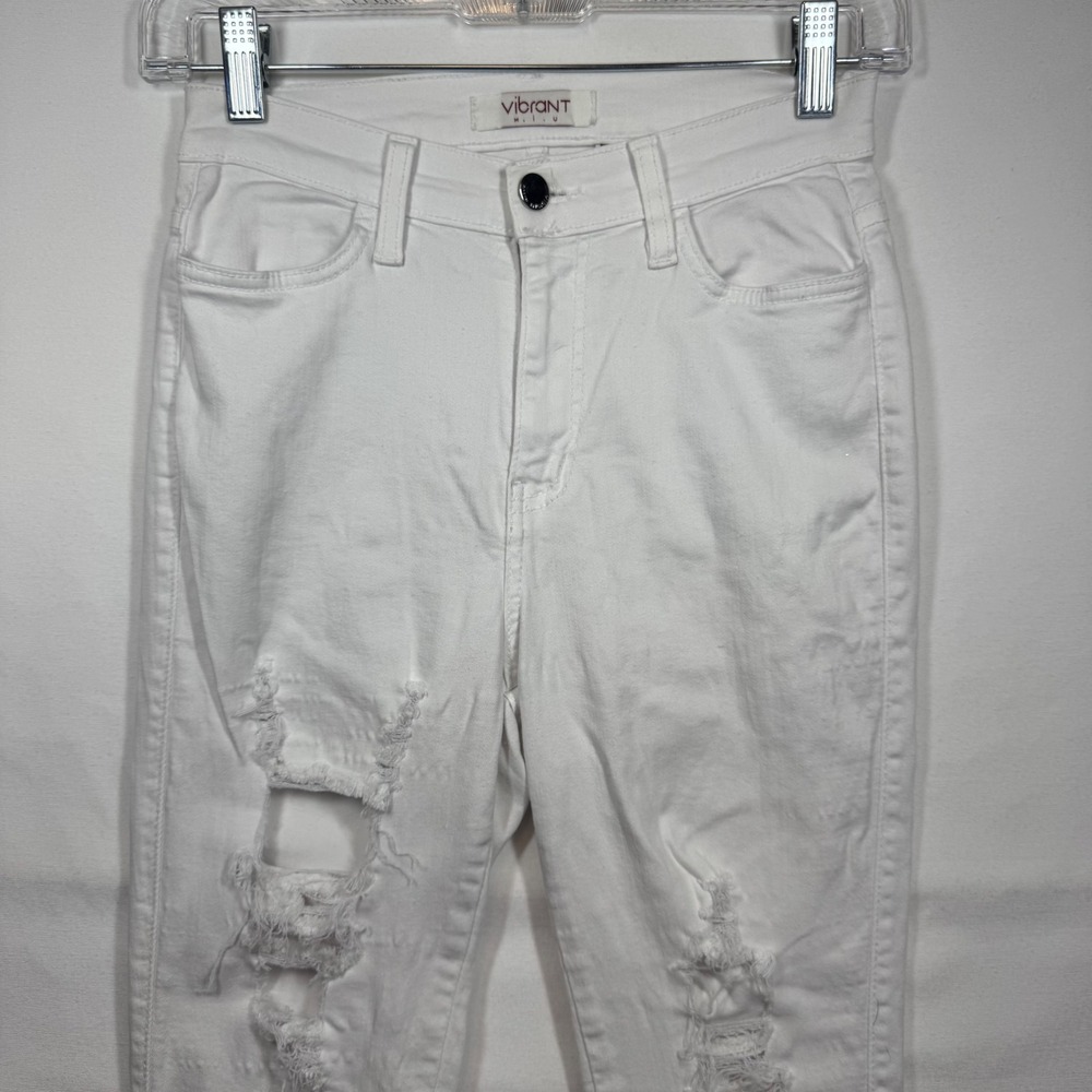Vibrant M.I.U. White Distressed Ripped Frayed Hem Skinny Jeans Womens Size 7